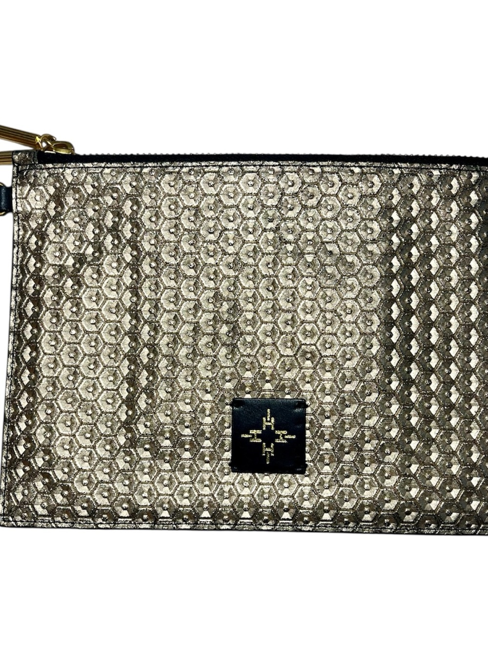 India Hicks Moonlight Gold Black Leather Clutch Wristlet